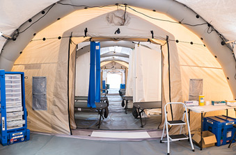 A multi-room tent facility. 
