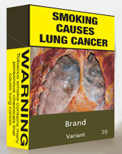 Image showing an example of plain packaging. In large font, the front of the package reads 'Smoking causes lung cancer'. It features a photo of a pair of damaged lungs clamped open. Under the image, in a smaller font, goes the brand name and variant. The number of cigarettes in the package goes in a small font in the corner. A more detailed warning is on the side of the package.