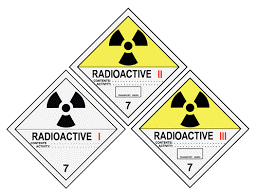 The Category I label is a white square turned on its side, at least 100 mm long on each side, with a white 5 mm border. The top of the label shows the radioactivity symbol, and the circle in the middle of the symbol is at least 4 mm in radius. Underneath the symbol is the heading 'RADIOACTIVE I', with the I in red. Underneath it says 'Contents' and 'Activity', with space for the relevant details. The bottom corner of the square has the number '7' in it.