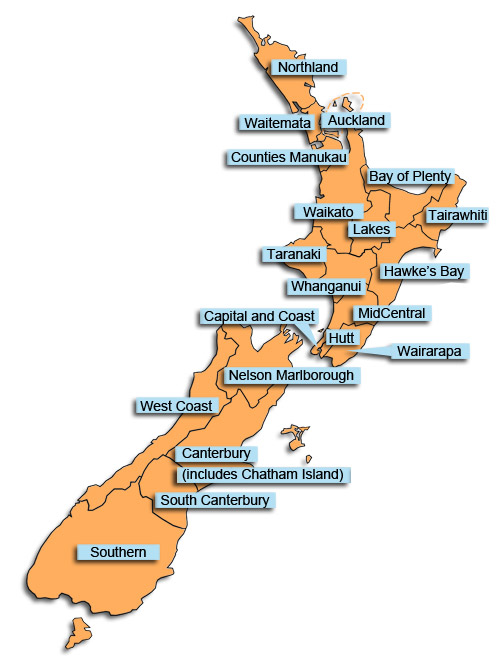 Map of New Zealand split by district health board