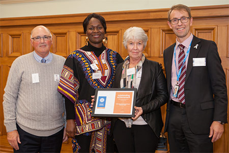 Director-General of Health Ashley Bloomfield with Michael Cairns-Cowan, Genevieve Kabuya and Sandra Collecutt