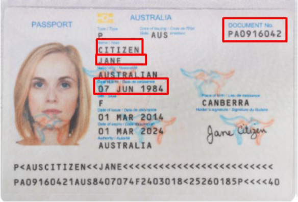 Example of an Australian driver licence, identifying key fields. 