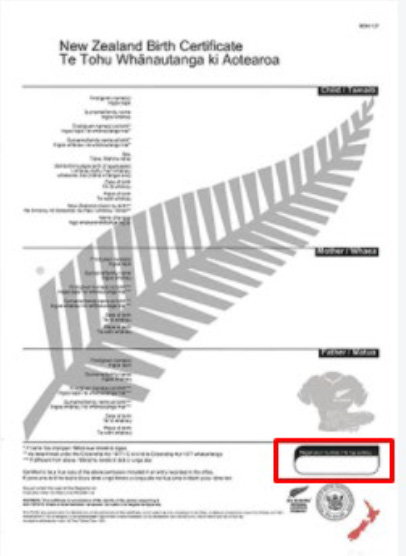 Example of an NZ birth certificate, indicating the location of the registration number. 