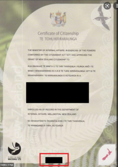 Example of an NZ certificate of citizenship, indicating the location of the certificate number. 