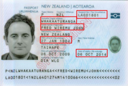 Example of an NZ passport, indicating the relevant fields. 