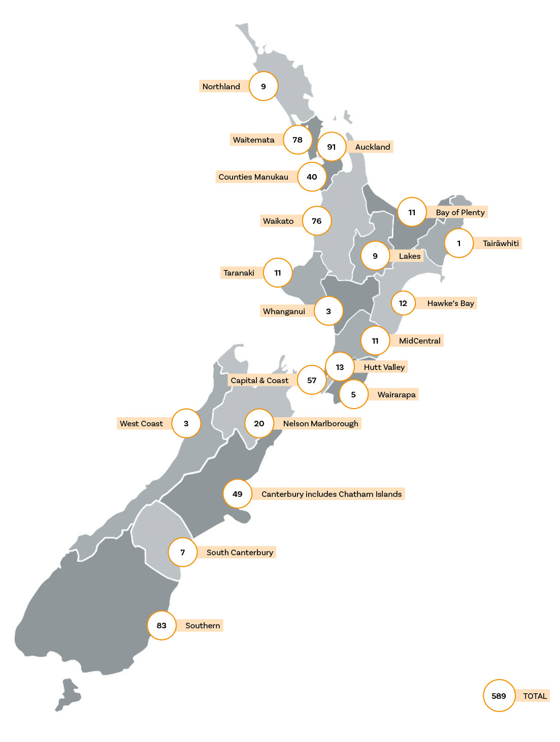 Map of cases by DHB