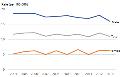 Figure 2. Suicide rates, by sex, 2004-2013