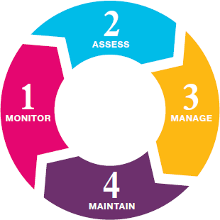 Flowchart showing the 4 steps: 1 - Monitor; 2 - Assess; 3 - Manage; 4 - Maintain. 
