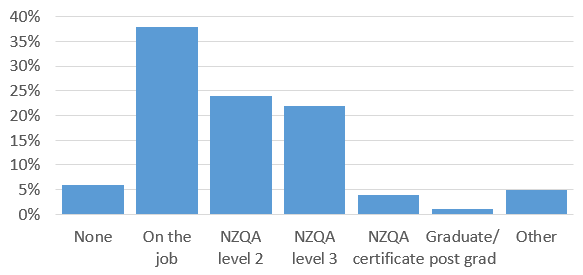 Graph showing the proportion of workers with different kinds of qualifications. 6% had none. 38% had on-the-job. 24% had NZQA level 2. 22% had NZQA level 3. 4% had an NZQA certificate. 1% had a graduate or post-graduate qualification. And 5% had other qualifications. 