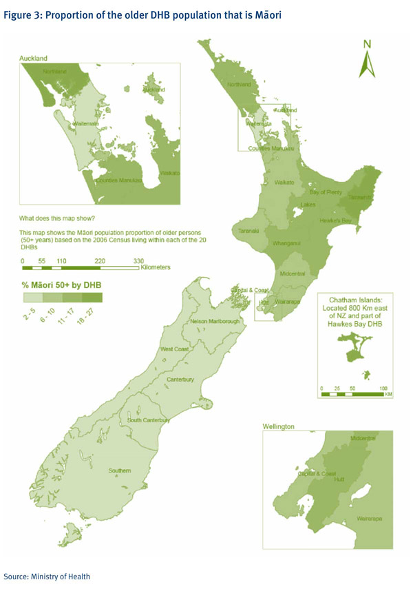 For all South Island DHBS, the proportion of the older DHB population that is Māori is 2–5%. In the North Island, only Waitemata and Capital and Coast have such a low proportion. The places with the highest proportion (18–27%) are Taranaki and Northland. The other DHBs are somewhere in the middle, with the mid- and eastern DHBs tending to have a higher proportion.