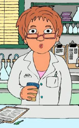 Cartoon ilustration of a woman in a lab, holding a sample cannister and looking surprised. 