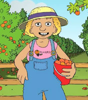 Cartoon illustration of a woman at an orchard, carrying a bucket of the peaches she's collected.