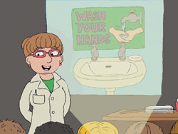 Cartoon illustration of a woman presenting a slide-show on washing your hands.