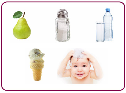 Pear, salt shaker, bottled water, icecream, baby shampoo