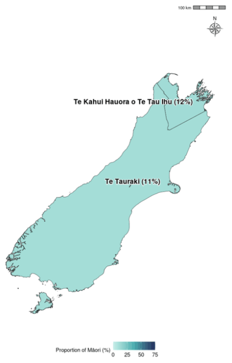 Map showing the proportion of Iwi-Māori partnership board population that is Māori in the South Island and Wharekauri.