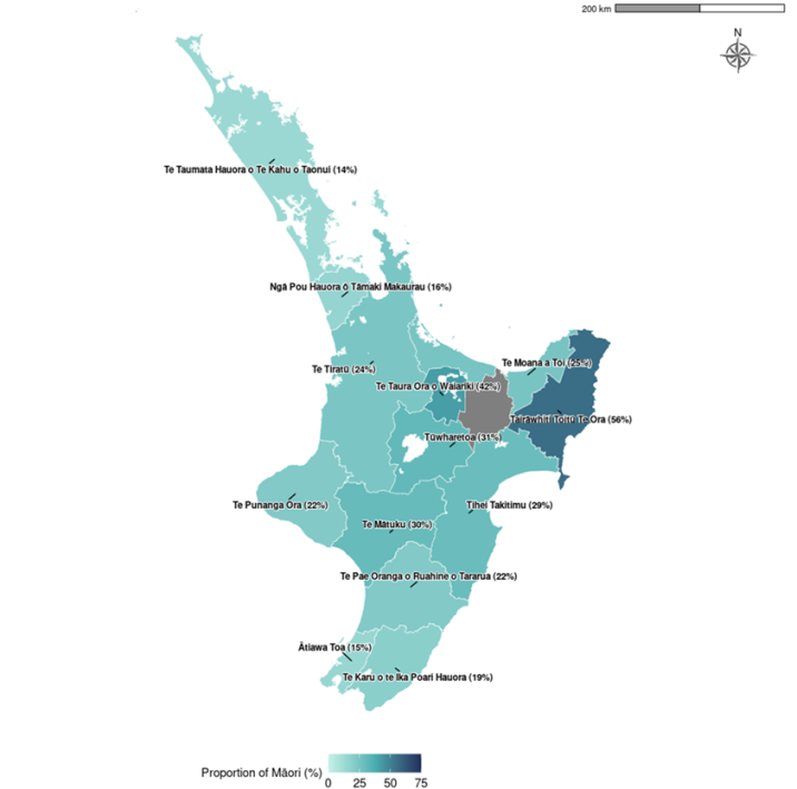 Map showing the proportion of Iwi-Māori partnership board population that is Māori in the North Island.