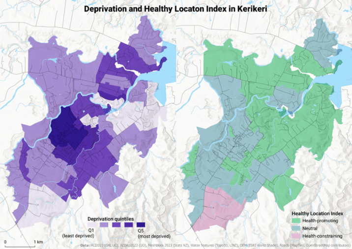One map indicates which areas in Kerikeri are in which socioeconomic deprivation quintile; one indicates which areas are categories as health-preserving, neutral or health-constraining.