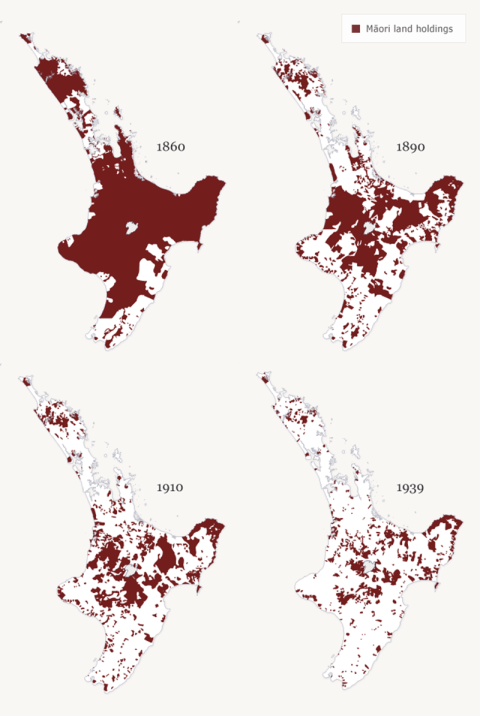 Map of the North Island, showing most land was owned by Māori in 1860, which had decreased by 1890, further again by 1910 and further again by 1939, so that most land by then was not owned by Māori. 