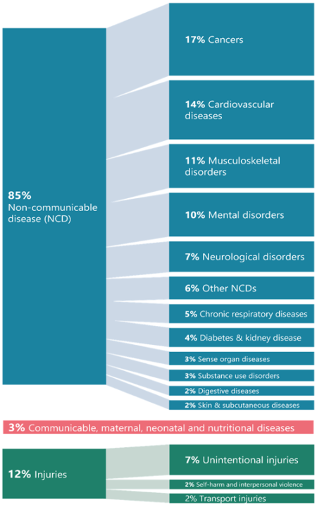 85% of DALYs were lost to non-communicable disease, 3% to communicable, maternal, neonatal and nutritional diseases, and 12% to injuries. Of non-communicable diseases, 17% were to cancers, 14% cardiovascular diseases, 11% to musculoskeletal disorders and 10% to mental disorders. The remainder were to other diseases or disorders. 