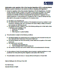 Authorisation under regulation 12(b) of the Cremation Regulations 1973. 
