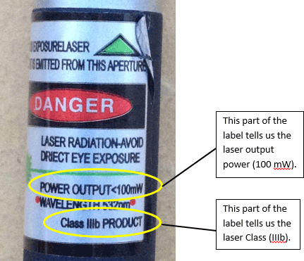 Image showing that the label of the laser pointer includes the power output (under 100mW in this case) and the laser class (IIIb).