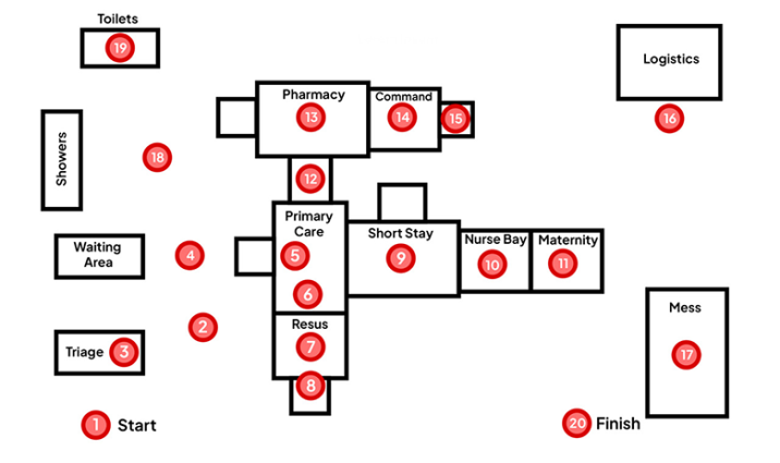 Use this map to navigate through the Camp health facility virtual walkthrough
