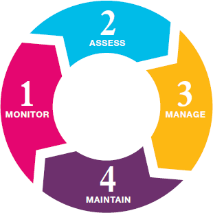Flowchart showing the 4 steps: 1 - Monitor; 2 - Assess; 3 - Manage; 4 - Maintain.